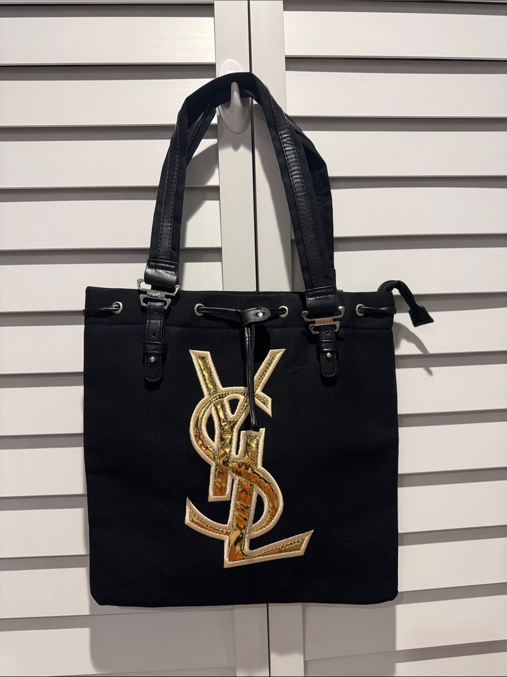 NWOT Black Tote Bag By YSL Parfum Gift purchase with Gold Monogram Accent